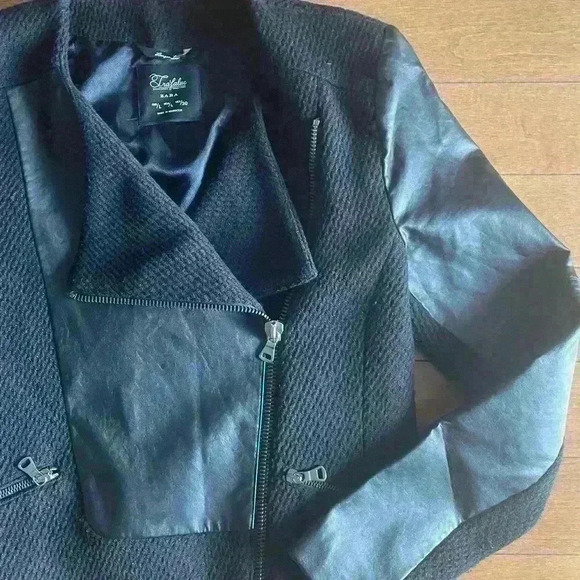 Zara | Motto black faux leather / wool jacket size L - Picture 2 of 3